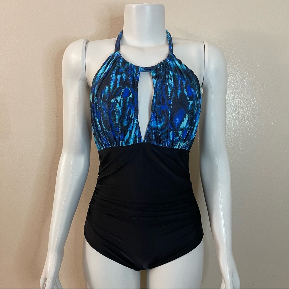 Blue and black halter neck cutout one piece swimsuit
